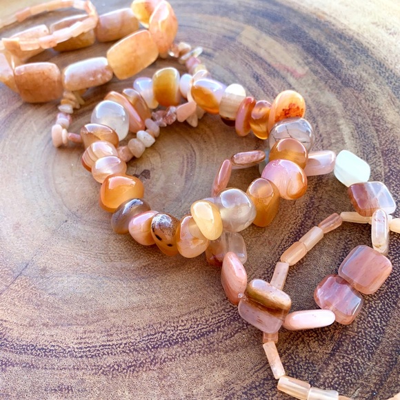 Natural Orange Carnelian & Peach Aventurine Gemstone Mix Beads Bracelet Stack - Picture 3 of 10